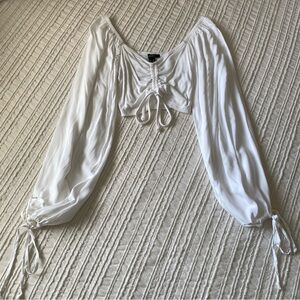 Sweetheart Neckline Ruched Adjustable Drawstring Balloon Sleeve Tie Crop Top